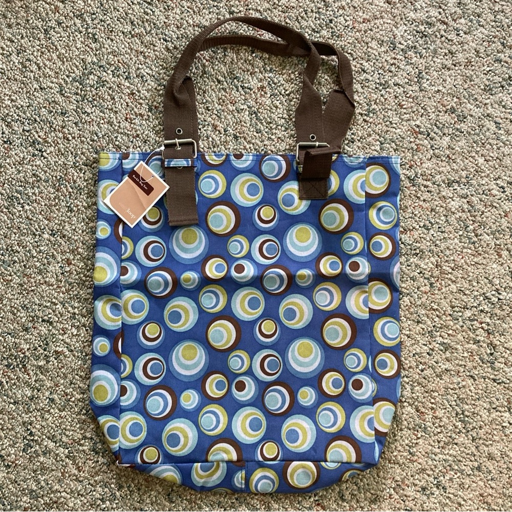 WEST LOOP Canvas Circles Buckle Bag Tote  - Blues Brown Green White - Lined